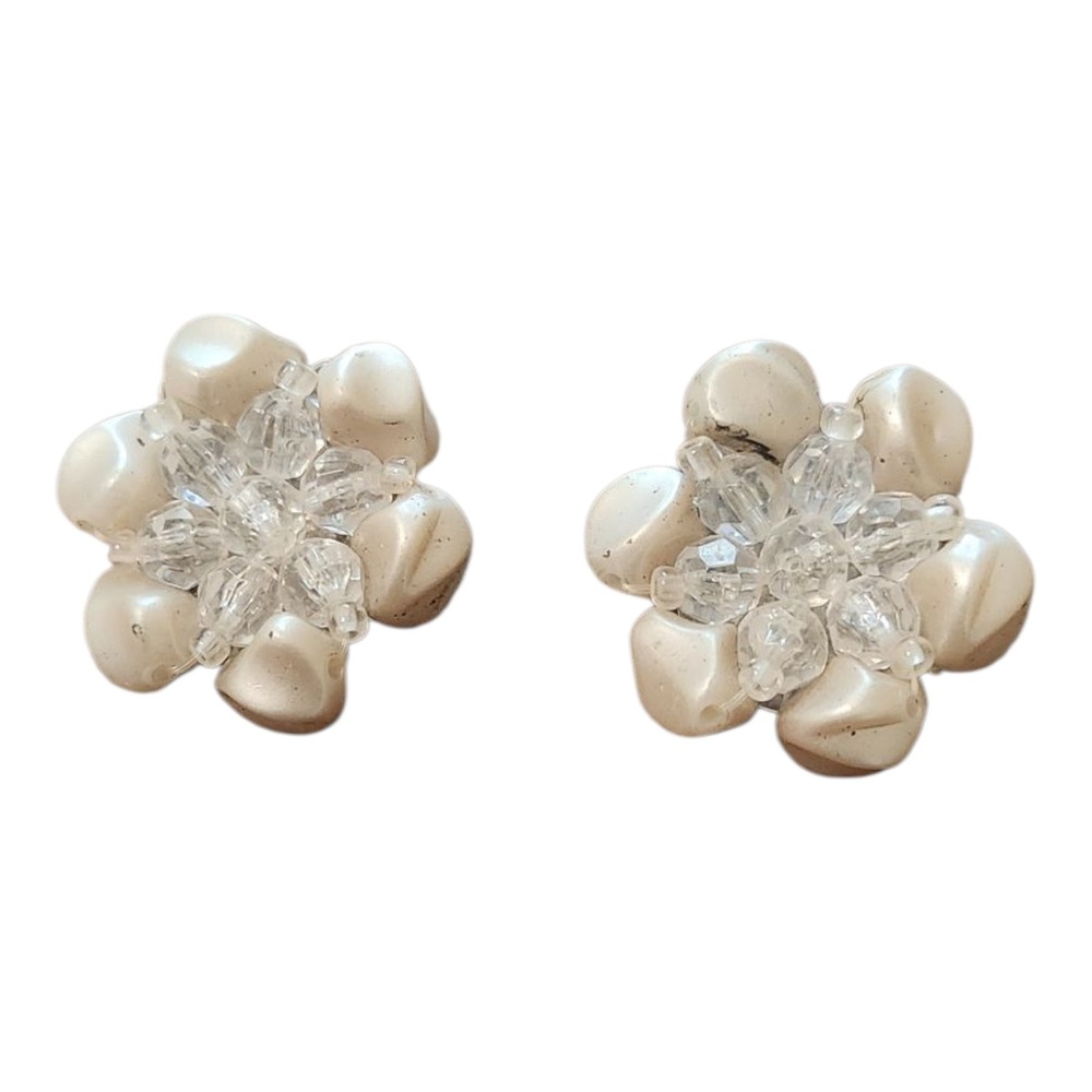 Vintage‎ Germany Clip On Earrings Faux Pearl Beaded Flower Cluster Wedding Bride